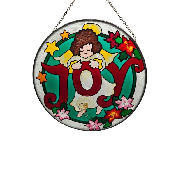Vintage 1970s Stained Glass Window Hanging Christmas Angel Joy Round - Picture 2 of 4